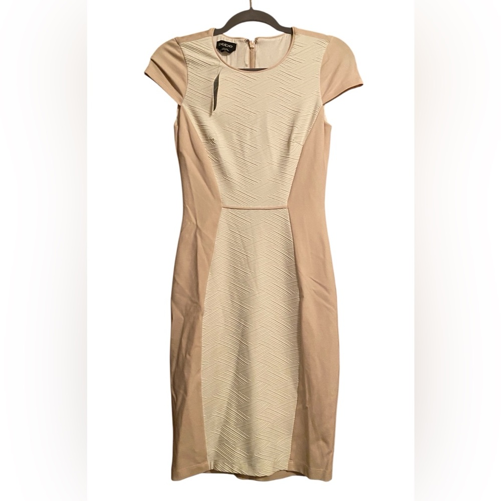NWT BEBE TEXTURED CREAM & TAN BODYCON DRESS SIZE S